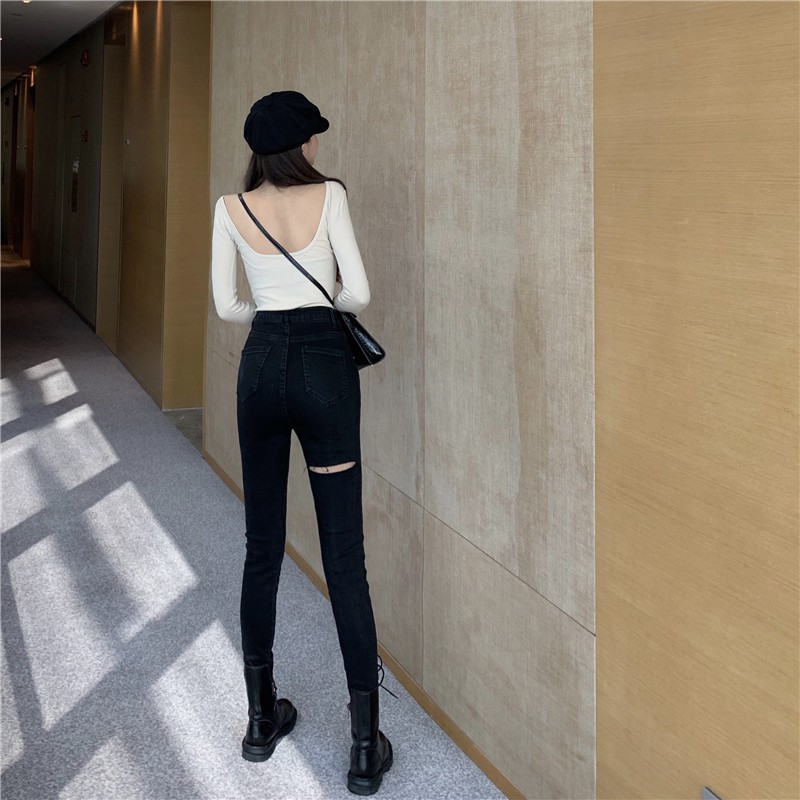 Quần jean nữ dáng ôm cạp cao rách nhẹ Emilyshop ulzzang (T)