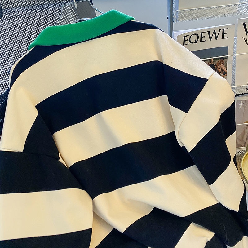 Áo Sweater Cổ Polo Hoạ Tiết Kẻ Sọc Phong Cách Retro