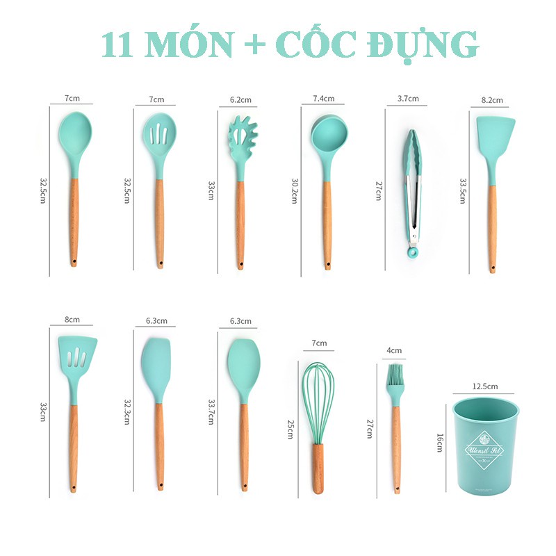 [FREESHIP 1H] Bộ Làm Bếp Silicone 11 Món, Dụng Cụ Làm Bánh Cán Gỗ Cao Cấp, Nấu Ăn Chịu Nhiệt, An Toàn SHOPGIATOT1989