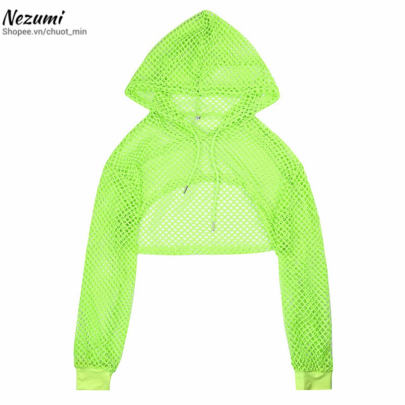 Áo croptop hở ngực ren lưới có mũ, áo tập nhảy cá tính sexy