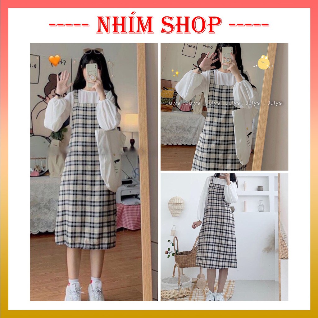 Set váy yếm ulzzang ♥️ Set váy yếm caro, set váy + áo tay bồng nữ - NhimShop