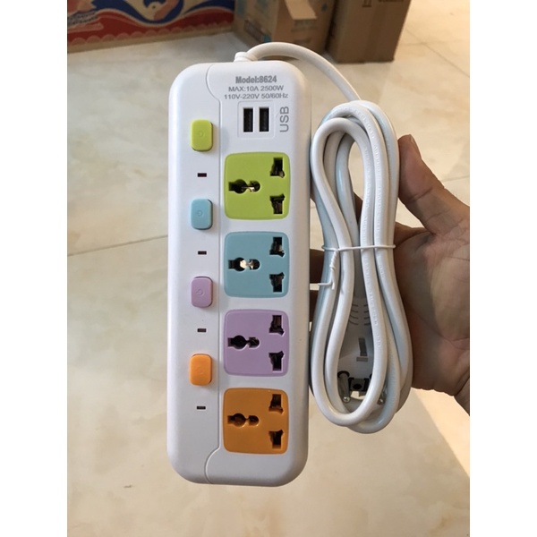 Ổ Cắm Điện Đa Năng 4 Phích Và 8 Phích Căm , 2 Cổng USB , Dây 3 Mét - Ổ Điện Thông Minh Có Công Tắc