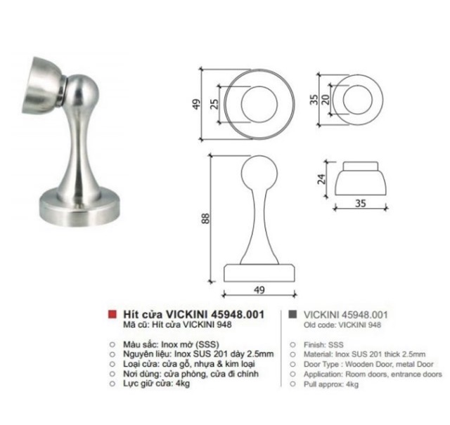 Hít Cửa Chống Đập INOX - Chặn Cửa Nam Châm VIKINI® chất lượng cao