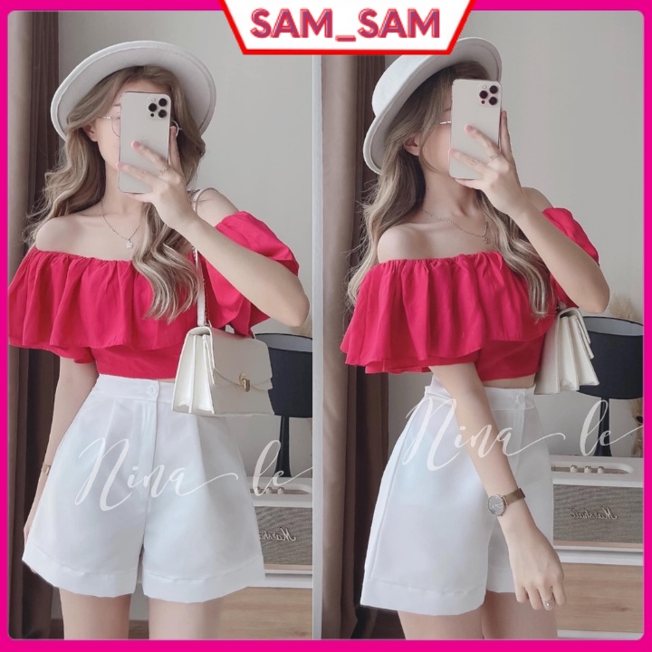 Set croptop trễ vai kèm quần short trắng xinh xắn,mẫu hot 2022 tại sam_sam_shop_1011
