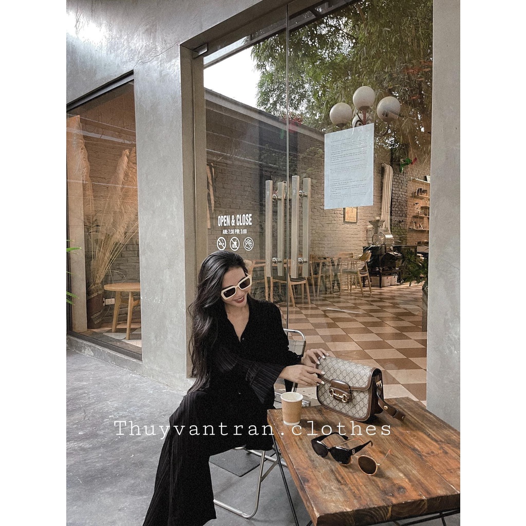 Set Dập li đen cổ sơ mi tay dài quần dài loe cao cấp