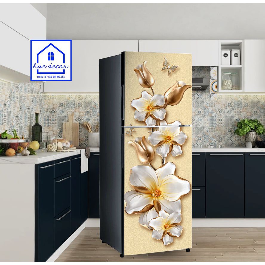 Decal trang trí  tủ lạnh - máy giặt Hoa vàng 3D sang trọng HUE DECOR- siêu bền chống nước