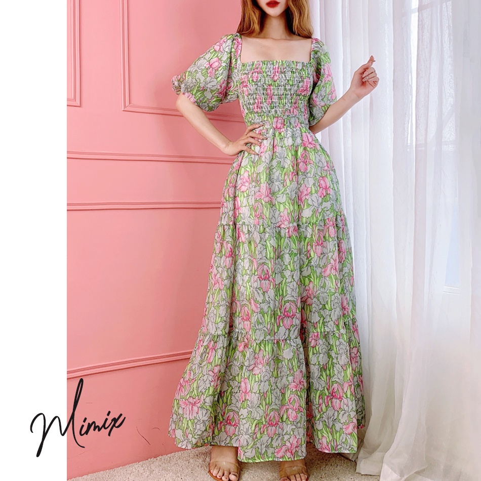 Đầm maxi hoa tầng cổ vuông tay ngắn phồng MMIMX BP0205 | BigBuy360 - bigbuy360.vn