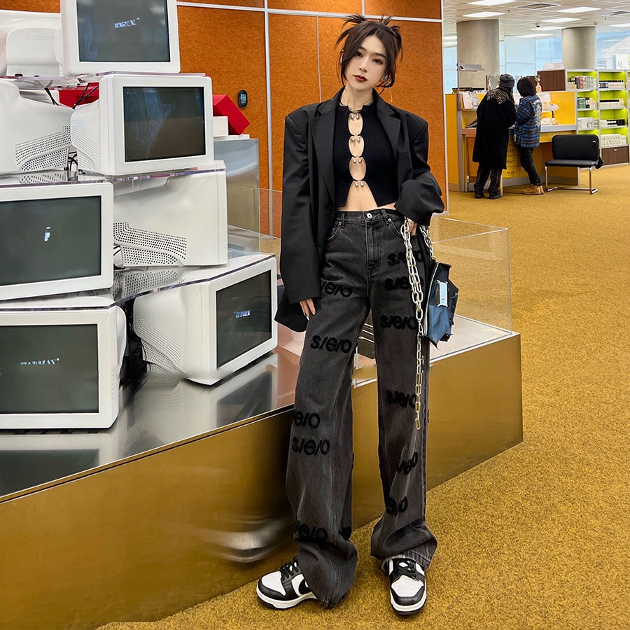 ❀Quần Jeans Đen Cạp Cao Ống Suông Thêu Chữ Quyến Rũ Thiết Kế Độc Đáo 2022 Cho Nữ