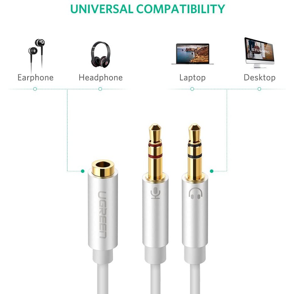 Dây Audio chuyển tai nghe 3.5mm sang 2 đầu Mic và Tai nghe dài 20CM UGREEN AV140