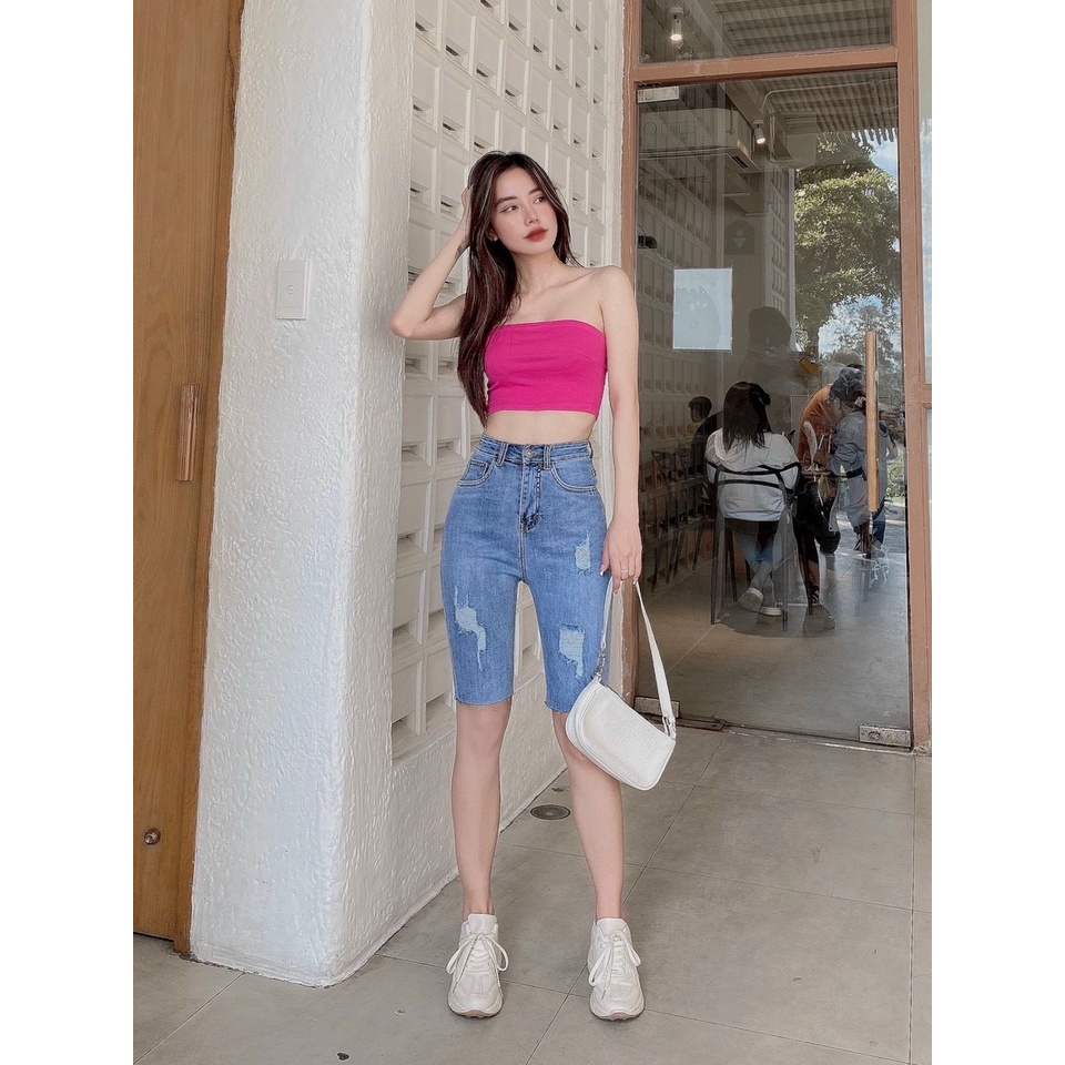 Quần jean ngố nữ co giãn rách gối cực phong cách, chất jean cotton mềm mại, bền màu AnNgo - AT186