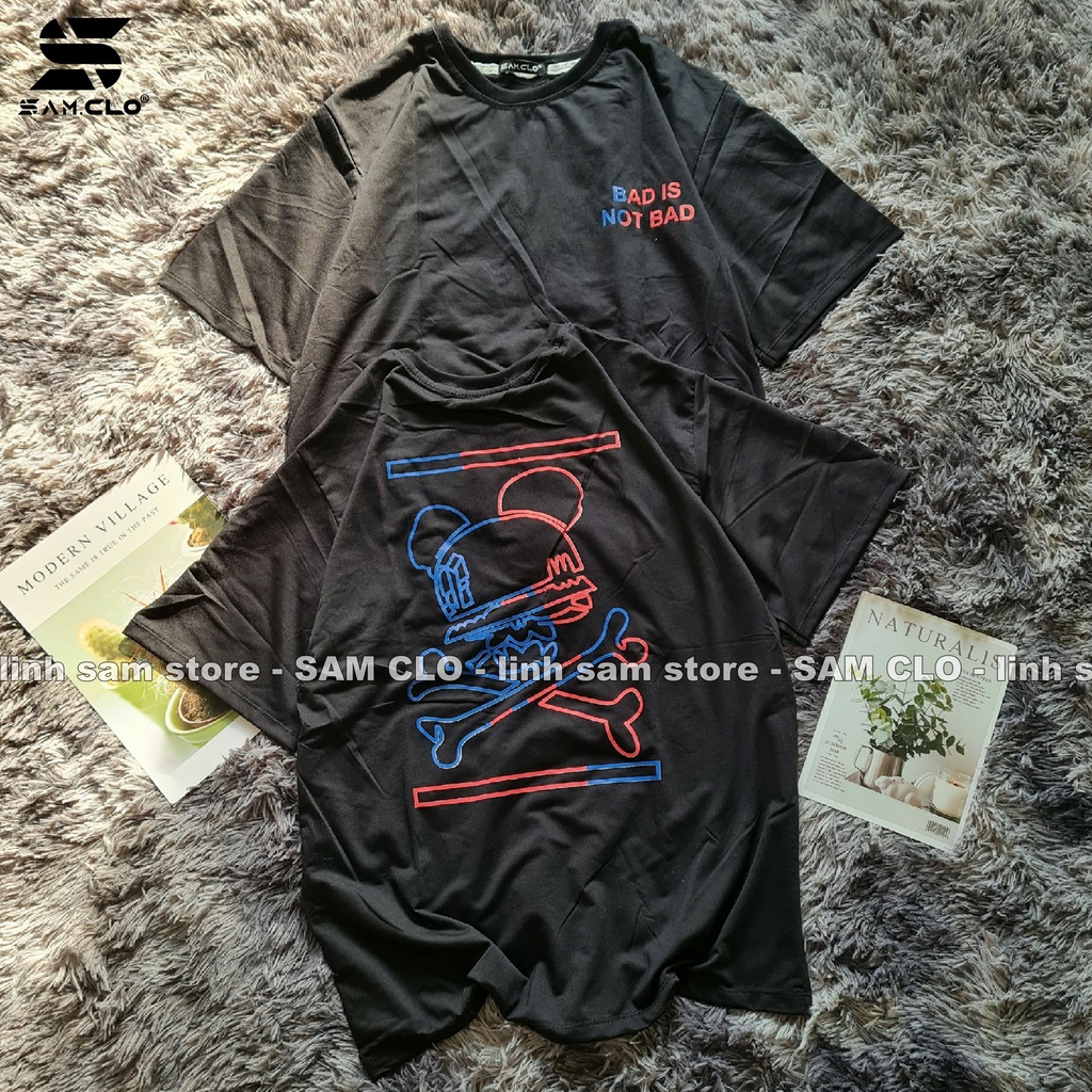 Áo phông tay lỡ nữ freesize Unisex thun form rộng, mặc cặp, nhóm, lớp in hình đầu lâu chữ BAD IS NOT BAD màu đen