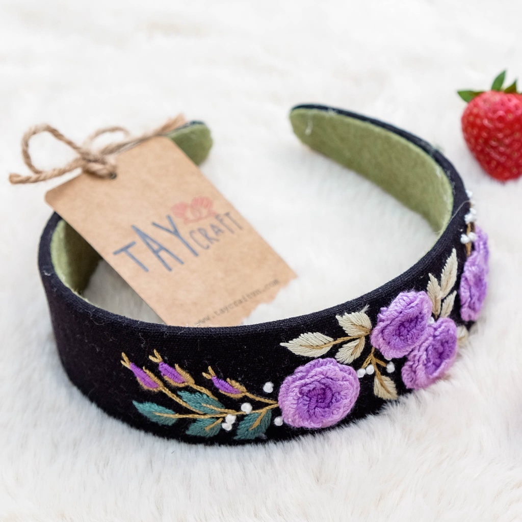 Bờm tóc linen handmade, Băng đô cài tóc thêu tay thủ công bản 4cm