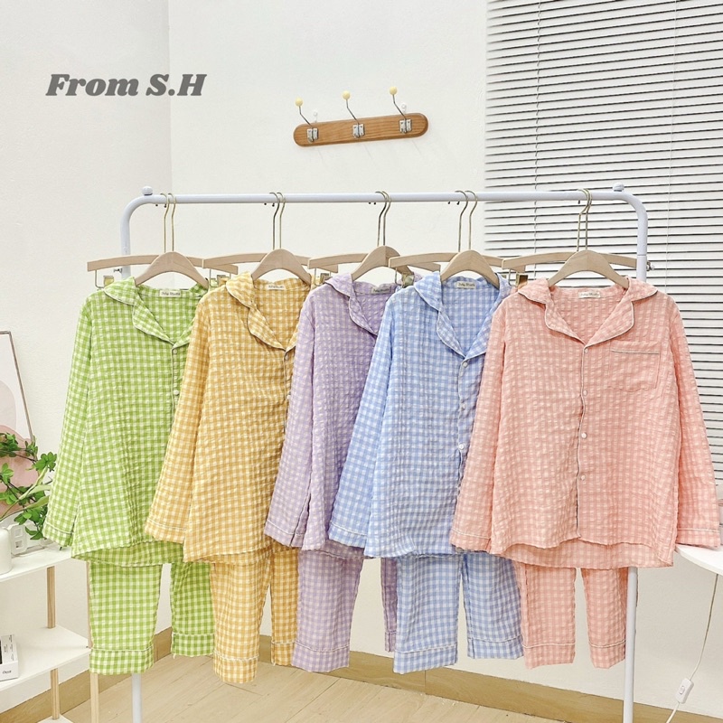 Đồ Bộ Mặc Nhà, Bộ Ngủ Nữ, Pijama Tay Dài Quần Dài Vải Xốp Kẻ Hàn Freesize