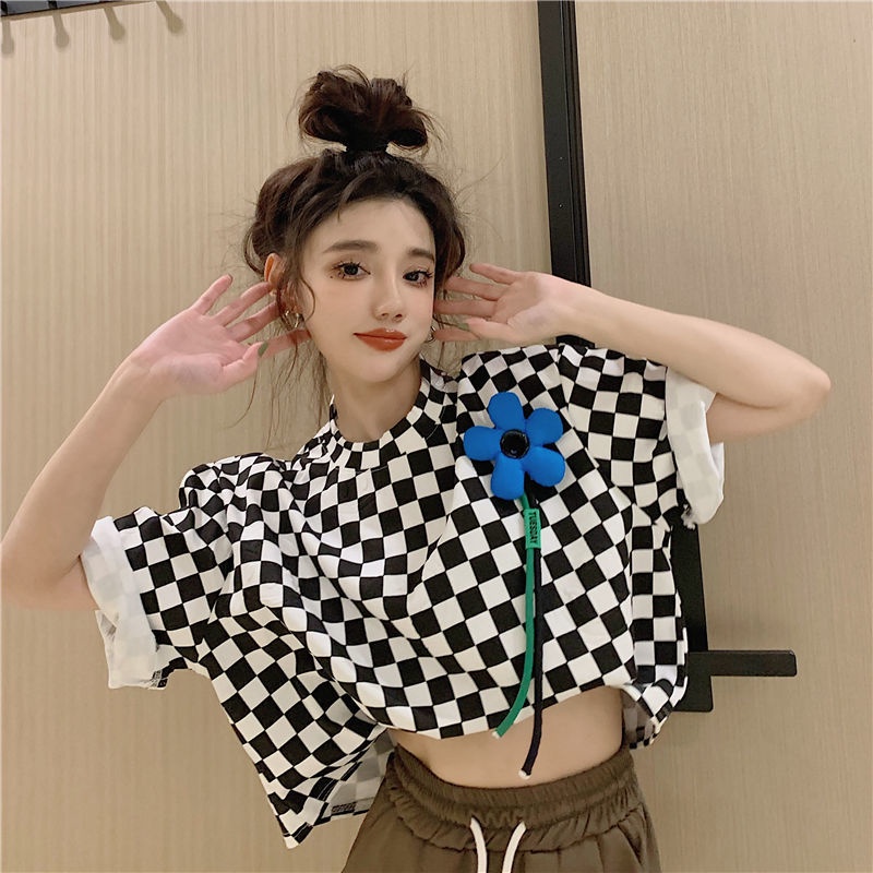 Áo Thun Tay Ngắn Họa Tiết Ô Vuông Thời Trang Hàn Quốc