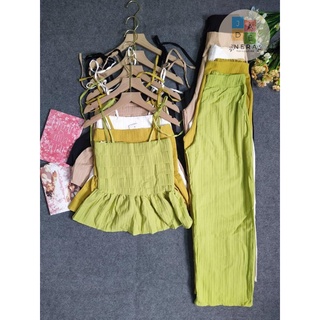 Set đũi gân áo 2 dây xếp li thân, peplum, quần ống suông, hàng chuẩn-Freesize