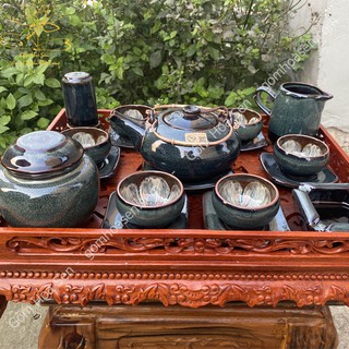 [Bát Tràng] Bộ Ấm Trà Men Hỏa Biến Vẽ Hoa Lòng Chén