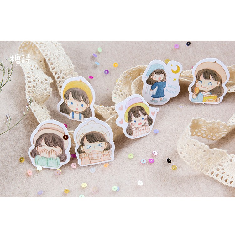 Hộp 45 miếng sticker mẫu cô bé đội nón