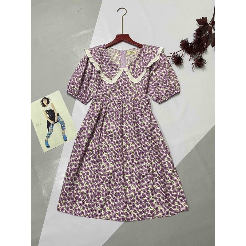 Đầm Liền Tay Ngắn Cổ chữ V Phối Họa Tiết Hoa Nhí Cao Cấp - Chất Liệu Cotton 100% - Váy Lửng Xuất Khẩu | BigBuy360 - bigbuy360.vn