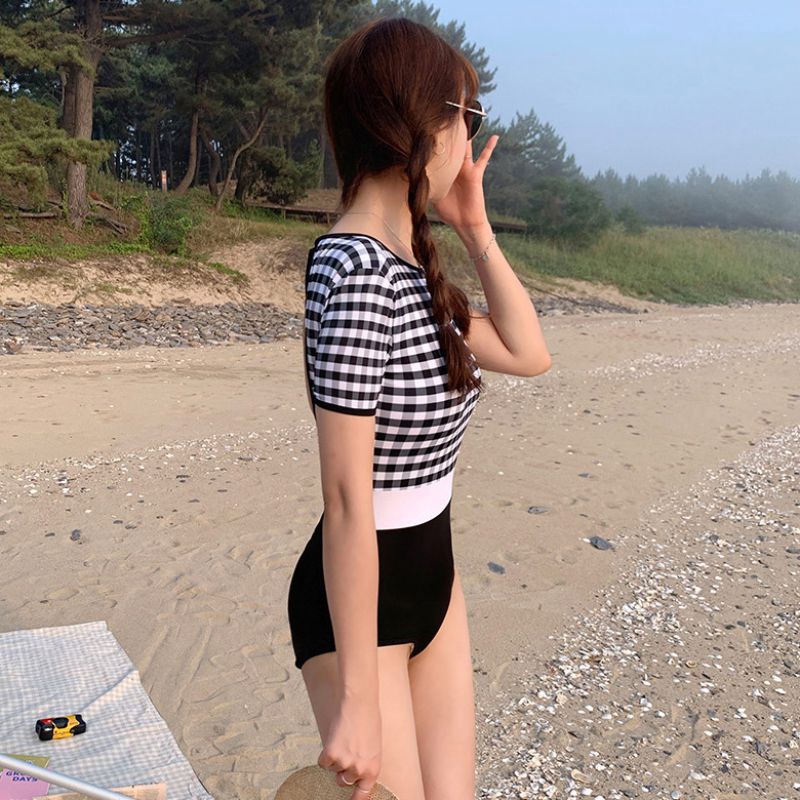 Đồ Bơi Một Mảnh Ngắn Tay Hở Lưng Họa Tiết Ca Rô Quyến Rũ Dành Cho Nữ | BigBuy360 - bigbuy360.vn