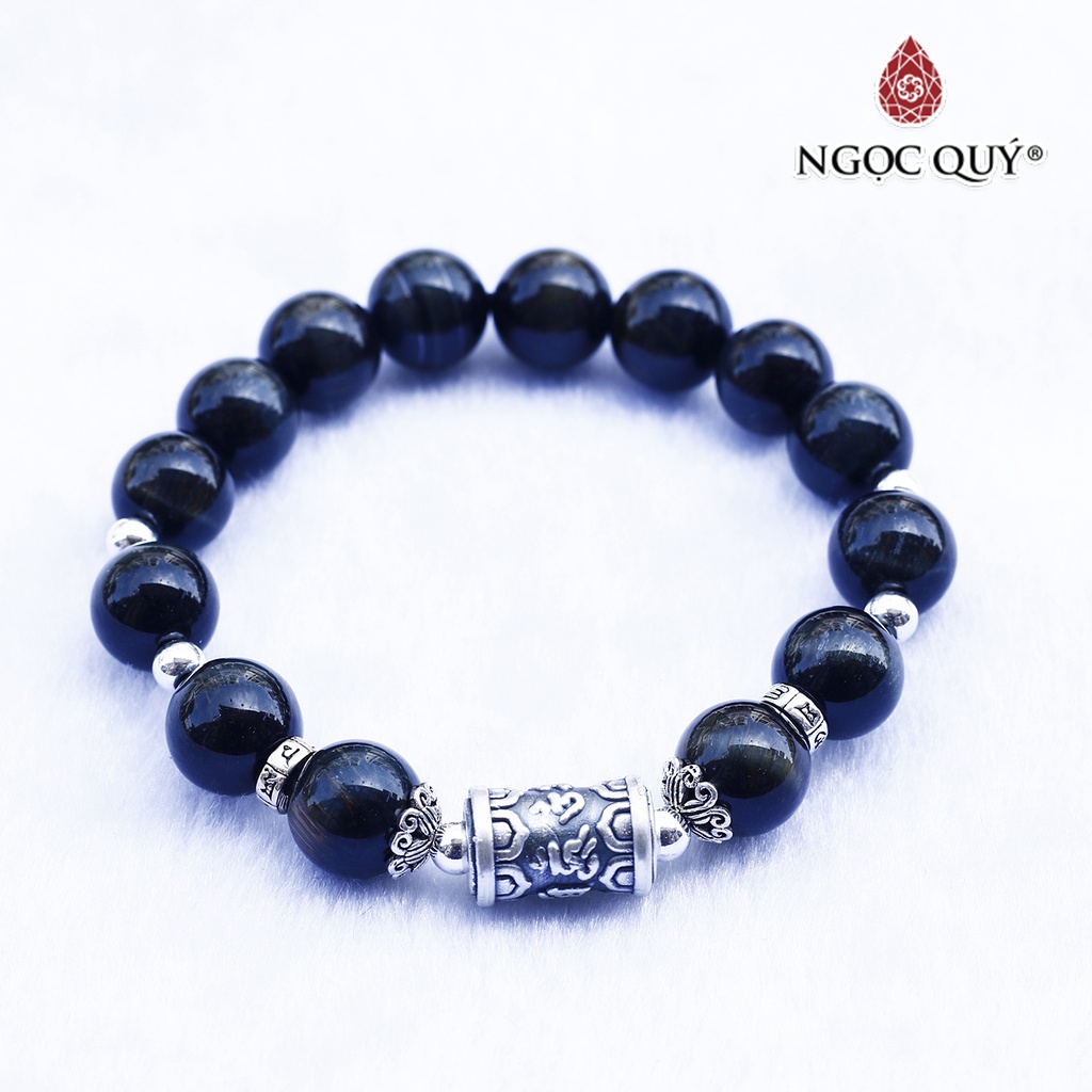 Vòng mắt hổ xanh đen phối charm lục tự bạc - Ngọc Quý