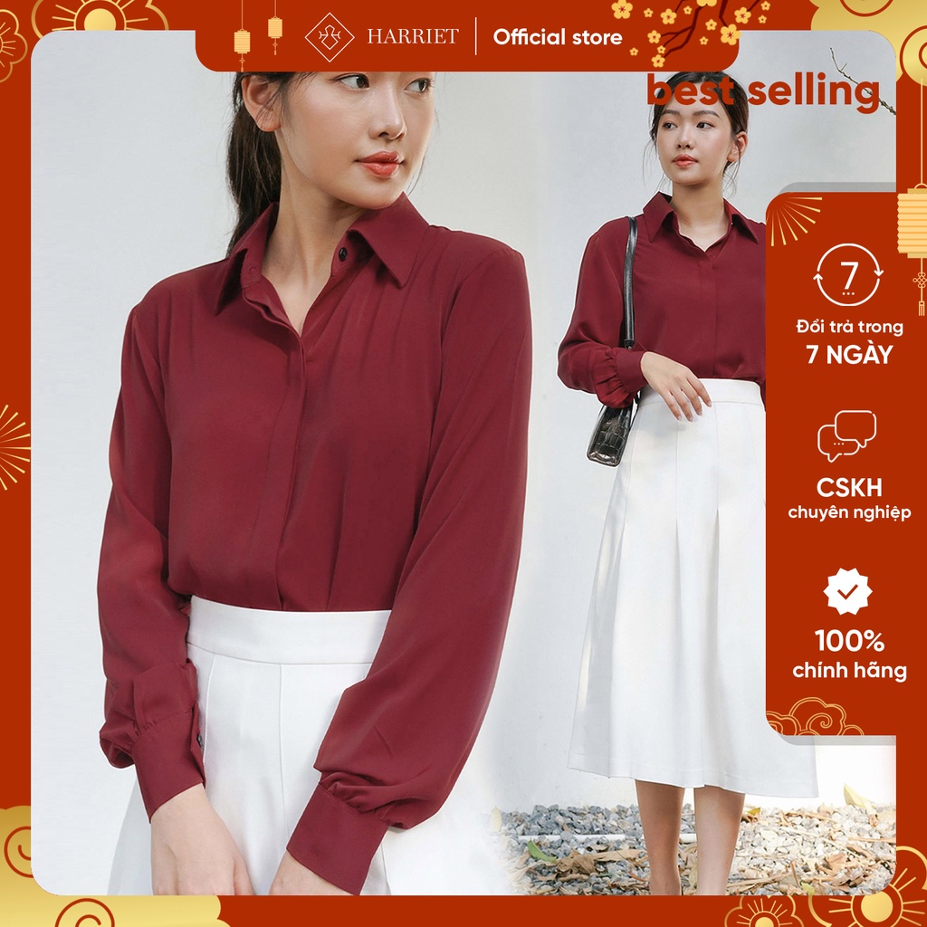 [Mã BMBAU50 giảm 7% đơn 99K] Áo sơ mi nữ công sở cơ bản đỏ đun cổ đức giấu cúc Jill Harriet