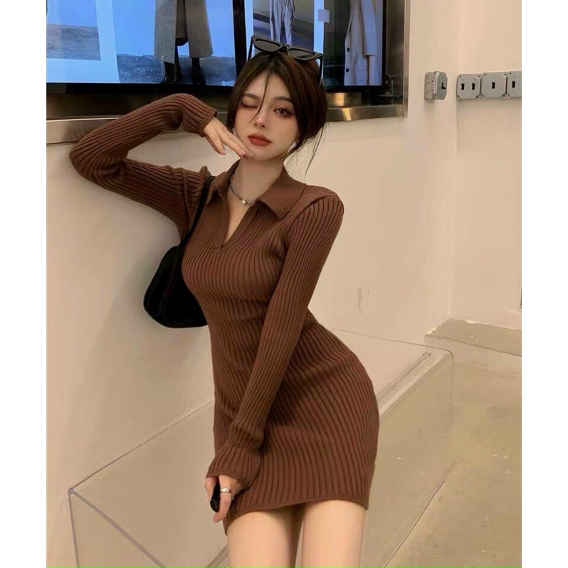 [ Miễn Phí Ship 2022 ] Đầm thun gân có cổ ôm eo tôn dáng phong cách Hàn Quốc