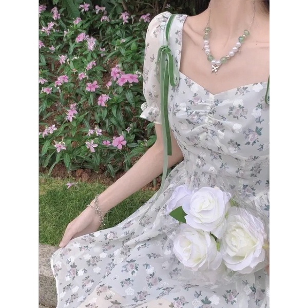 Váy tiểu thư hoa nhí xanh nơ vai ulzzang phong cách zetro Hàn Quốc nhún ngực cá tính