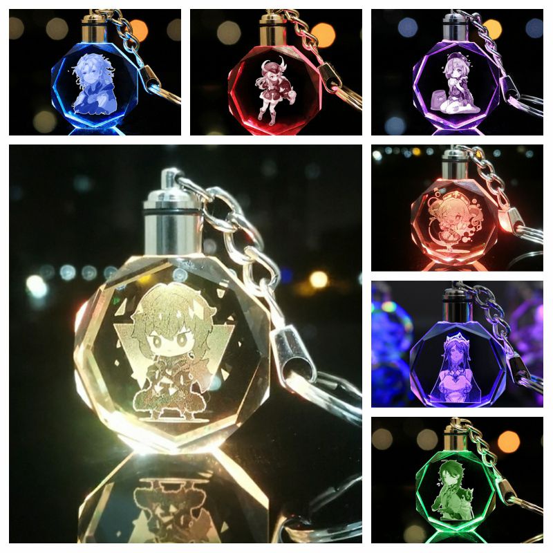 Mặt dây chuyền móc khóa pha lê LED đầy màu sắc họa tiết Genshin Impact Wendy Klee Keqing Qiqi 3 cm