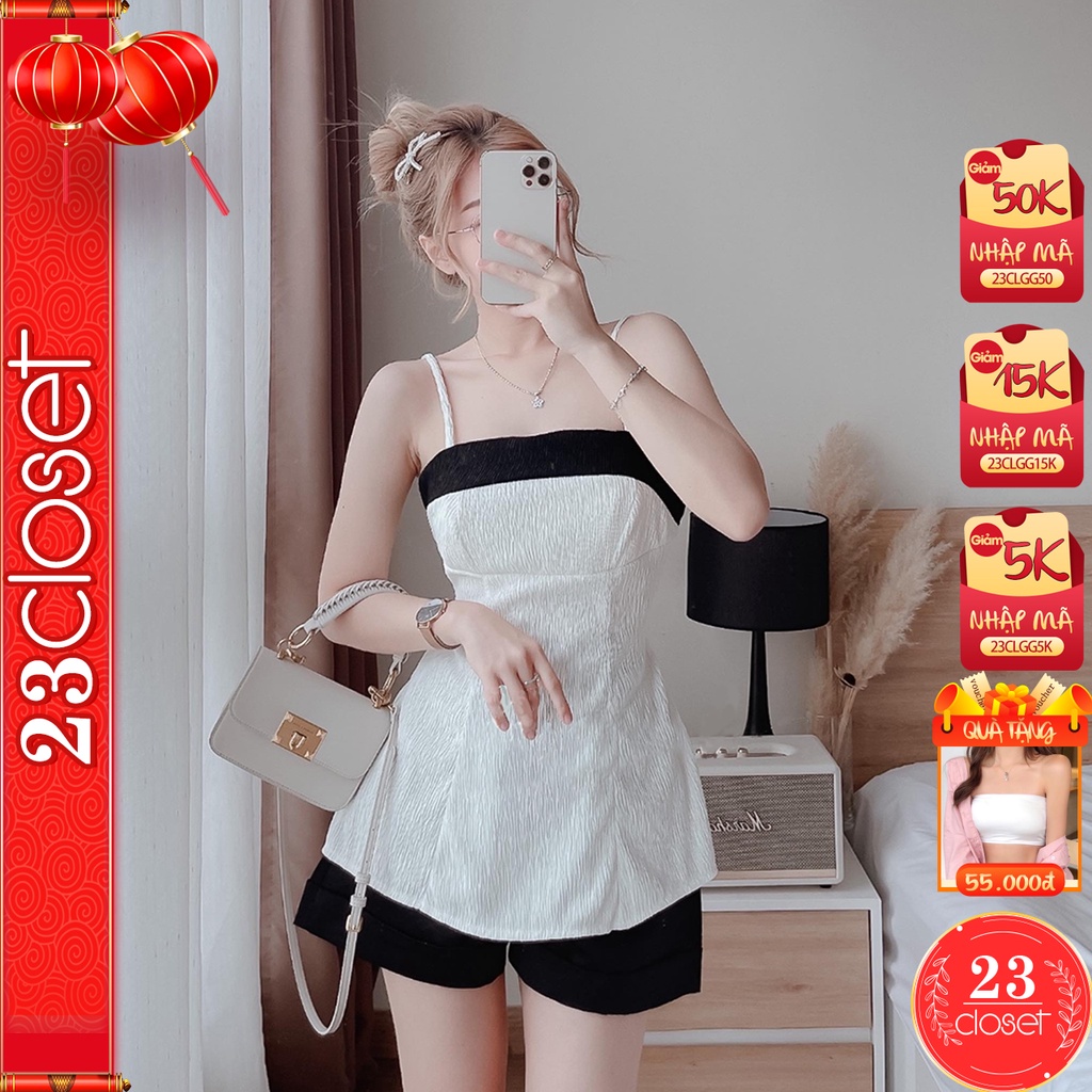 Set đồ nữ đi chơi sang chảnh 23Closet chất liệu áo hai dây đũi gân kèm quần short ống rộng tafta đẹp xinh cá tính-S001