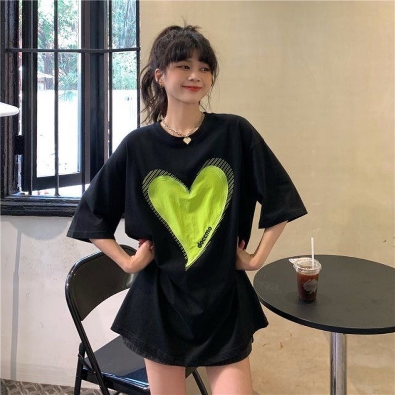 Đầm Lửng Dáng Rộng Cổ Tròn In Hình Trái Tim Thời Trang Mùa Hè Hàng Mới