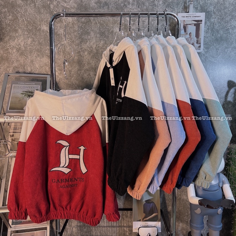 Áo khoác nam nữ nhung Tăm quảng châu form rộng nón rộng 2 lớp cài nút hàng unisex thêu " H NÓN " - NT1014