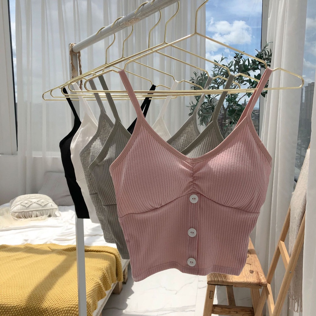 Áo 2 dây gài nút có mút lót nâng ngực cổ chữ V phong cách Hàn Quốc quyến rũ cho nữ