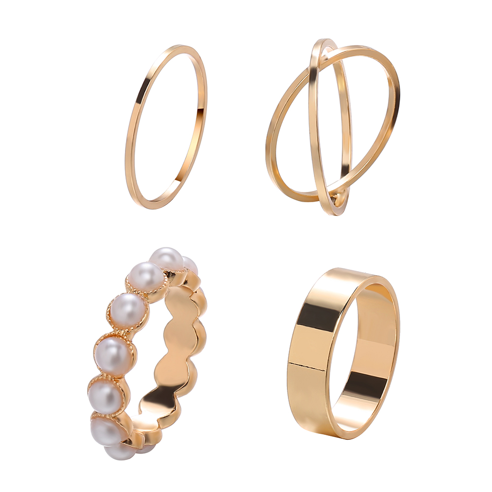Set 4 chiếc nhẫn bằng kim loại đính ngọc trai thiết kế hình học đơn giản thời trang Hàn Quốc