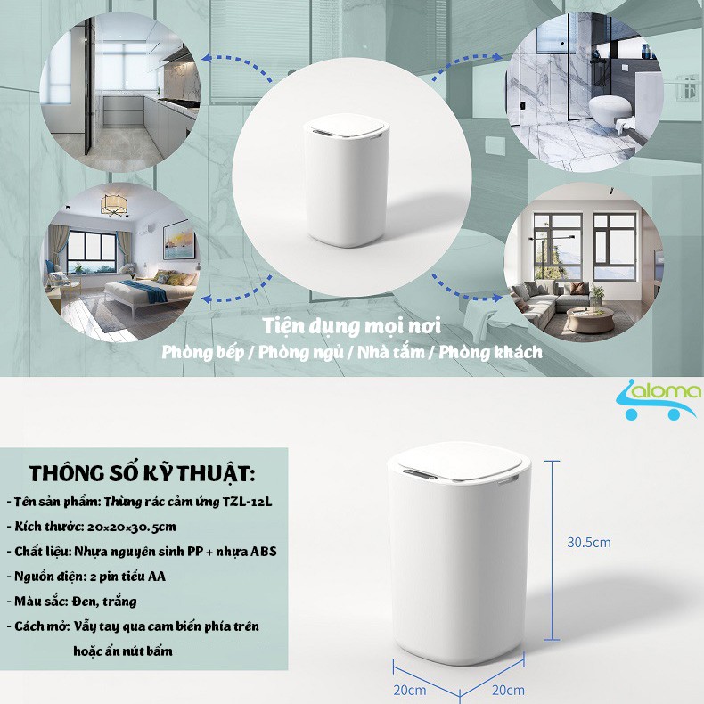 (BH 1 năm)Thùng rác 12L cảm ứng tự mở đóng TZL-12L thông minh tiện ích sang trọng hai màu đen trắng