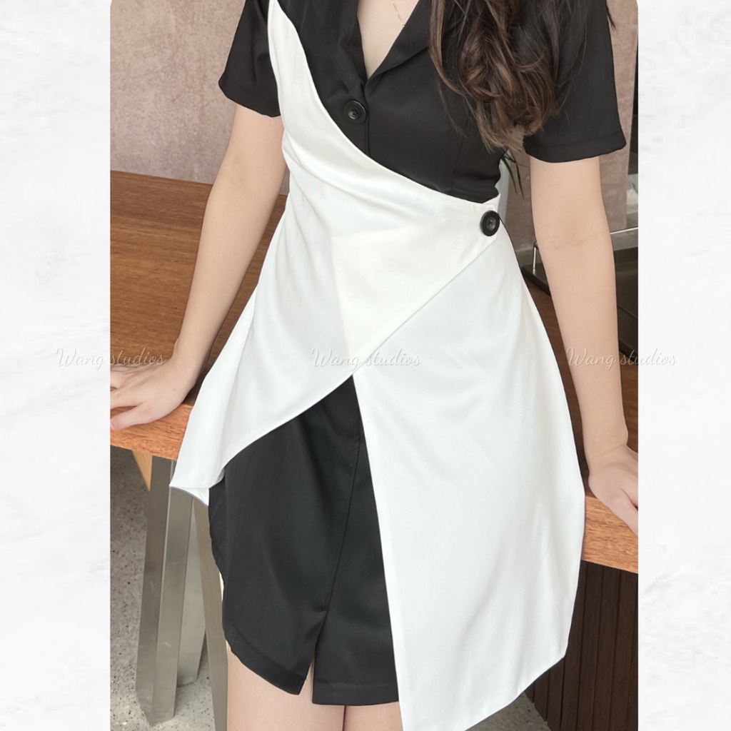 Váy dự tiệc, công sở nữ Wang phối vạt trắng chất vải chéo hàn mặt vân đẹp mát nhẹ WS020
