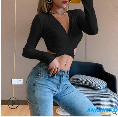 Áo Crop Top Tay Dài Cổ Chữ V Viền Ren Gợi Cảm Dành Cho Nữ