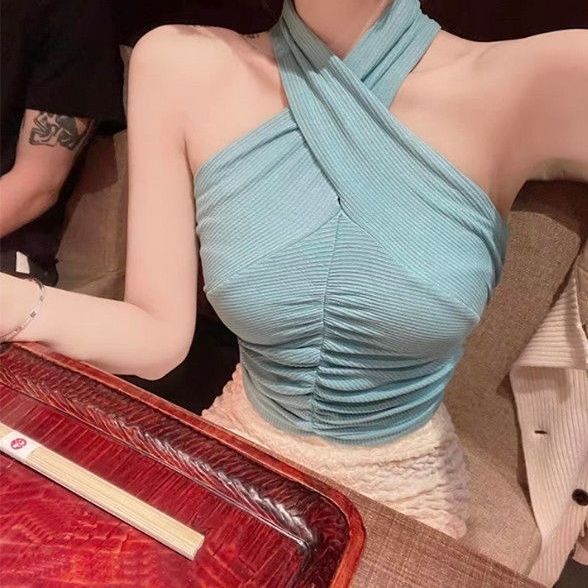 Jiashucheng Áo Hai Dây Ngắn Mỏng Mùa Hè Xóa Nếp Nhăn Cổ Chéo Thời Trang Cho Nữ