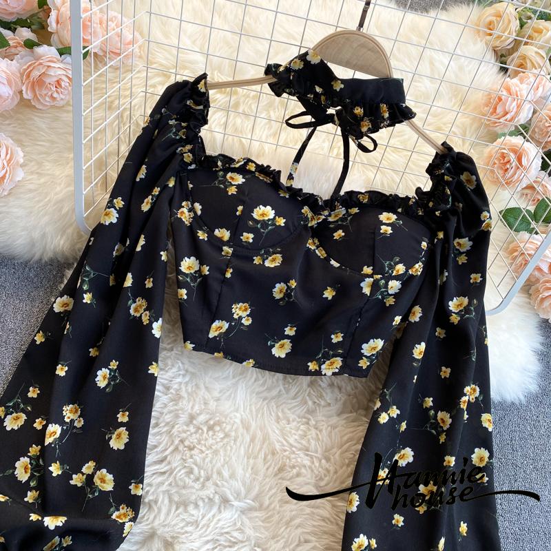 Áo Kiểu Trễ Vai Tay Phồng In Hoa Thời Trang Cho Nữ