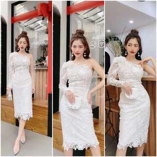 Đầm trắng body ren thiết kệ cổ trễ 1 bên vai độc lạ _ TT
