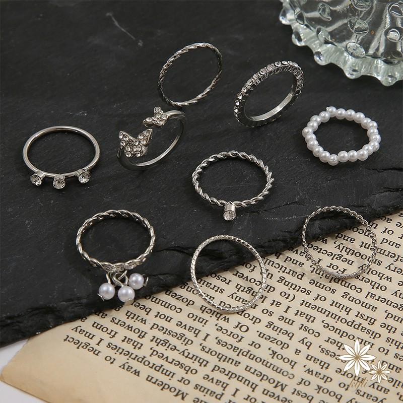 Set 9 nhẫn bạc ngọc trai pha lê thanh lịch Bộ nhẫn mỏng rỗng cho nữ phụ kiện trang sức