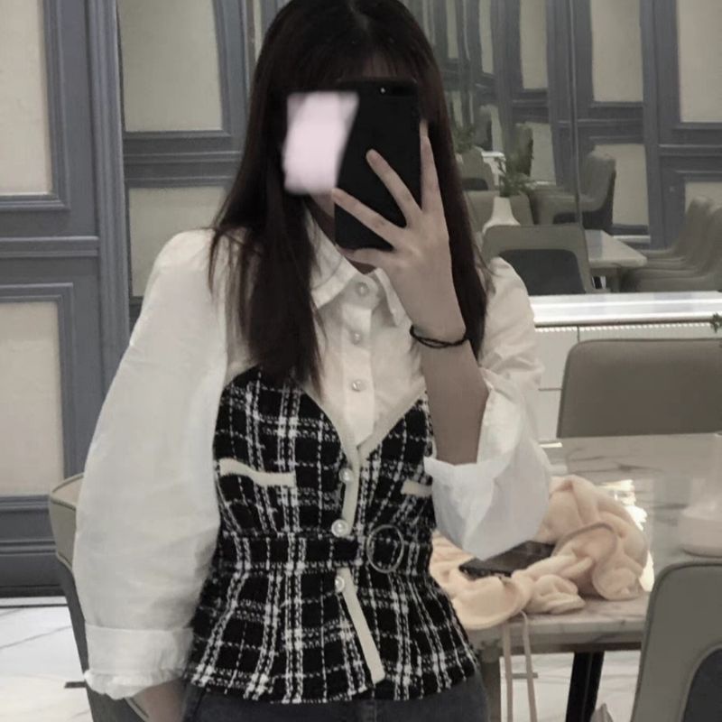 Áo Sơ Mi Mix Dạ 2 Dây Phong Cách Retro Cùng Đai Eo Kèm Ảnh Thật Khách Mặc