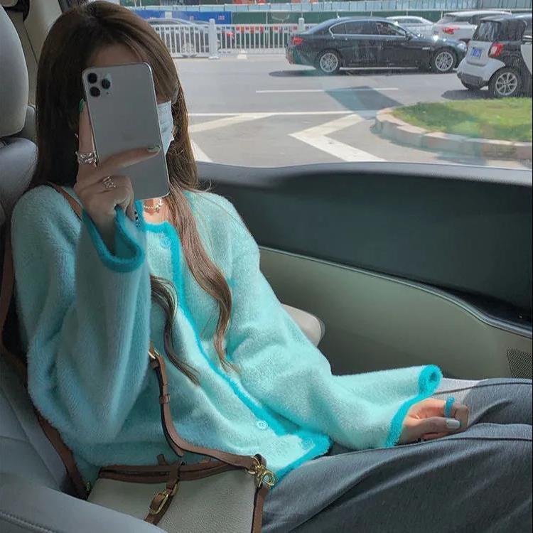 Áo cardigan dệt kim tay dài dáng rộng phối màu tương phản đa năng