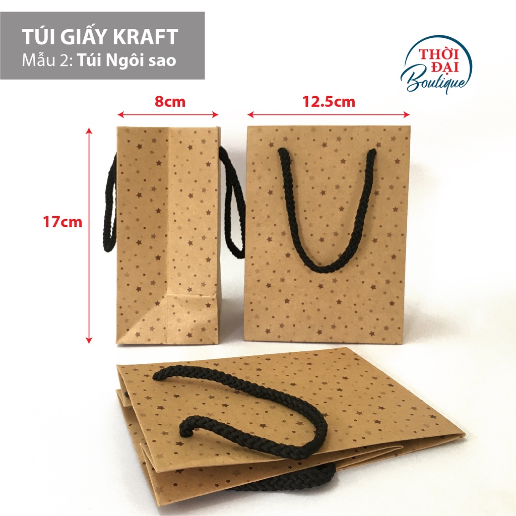 Túi giấy Kraft nhỏ xinh (12.5 x 17 x 8cm), giấy Kraft nâu dày, dây đen