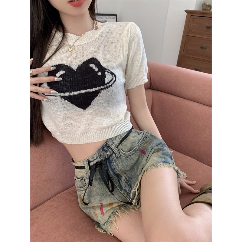 NUZIRO Áo Dệt Kim Ngắn Tay Cổ Tròn Phong Cách Vintage Hàn Quốc Cho Nữ