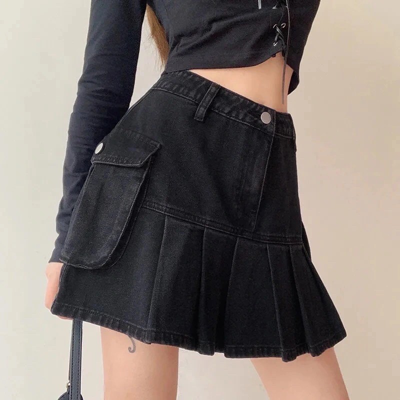 Chân váy jean xếp ly dáng chữ a túi hộp màu đen cá tính HÀNG SẴN | BigBuy360 - bigbuy360.vn
