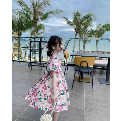 BG516 - VÁY HOA HỒNG XÒE KHOÉT NƠ LƯNG BÉ GÁI