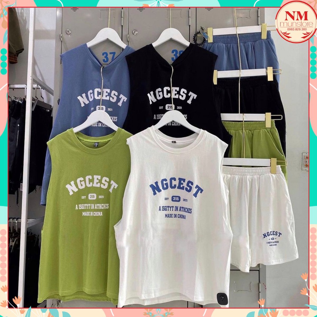 Set bộ 3 MÓN tanktop chữ gồm áo tanktop, quần đùi, áo ba lỗ , hot chất cotton thấm hút mồ hôi