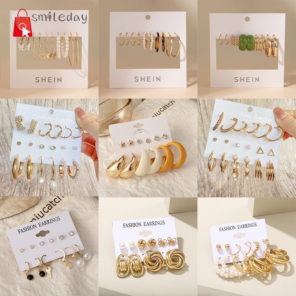 JP1 【HÀNG MỚI VỀ】Bộ Bông Tai Ngọc Trai Kim Loại Hợp Thời Trang Cho Phụ Nữ Cổ điển Hình Học Vàng Giọt Nước Bộ Bông Tai Thời Trang Acrylic Dangle Bông Tai Quà Tặng đồ Trang Sức ZOE