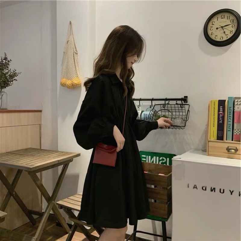 Đầm sơ mi Perty tay dài thời trang retro Hàn Quốc ấn tượng