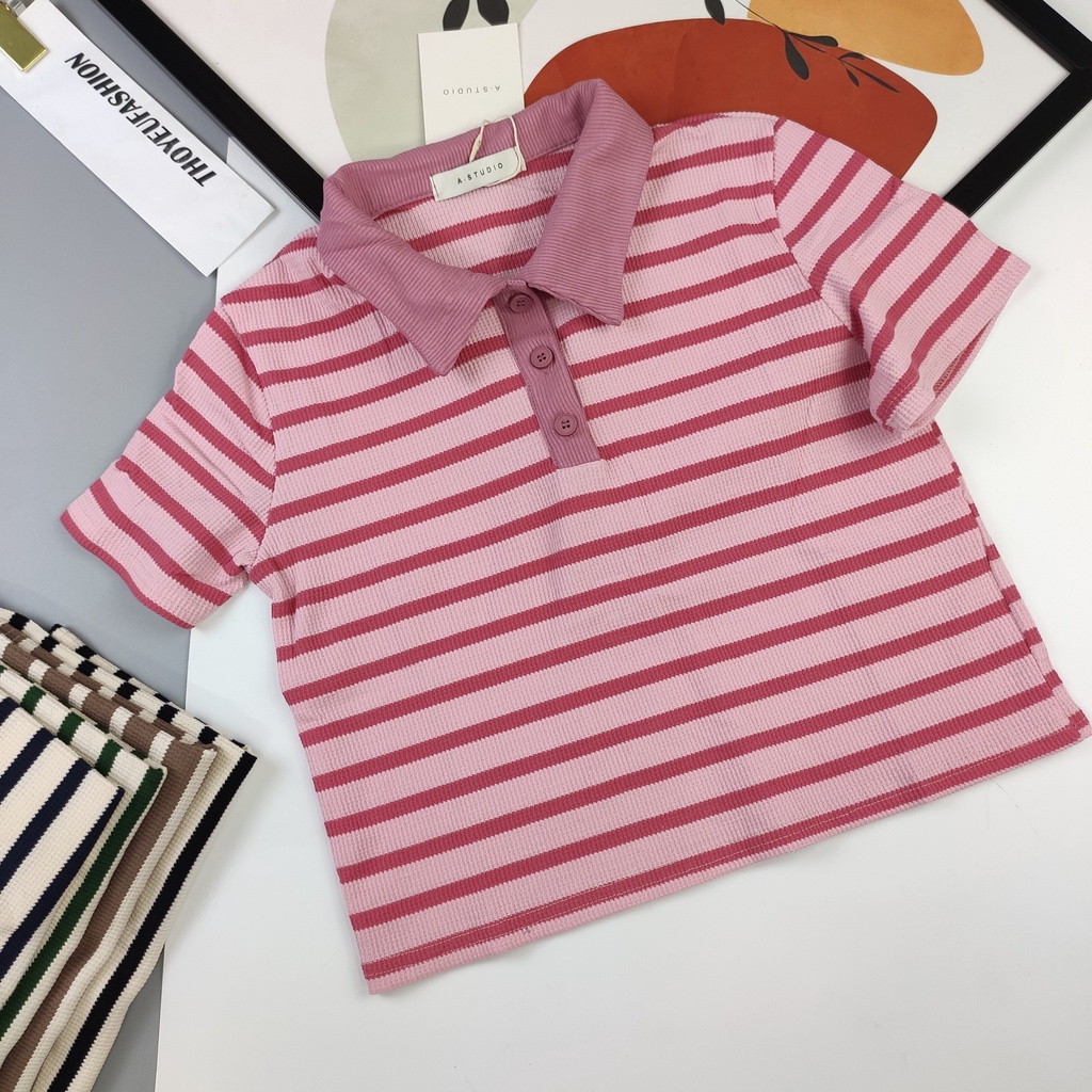 Áo thun cổ bẻ khuy cài kẻ ngang , Áo polo chất thun xốp 3 khuy cài thoáng mát ko bai xù khi giặt M7086
